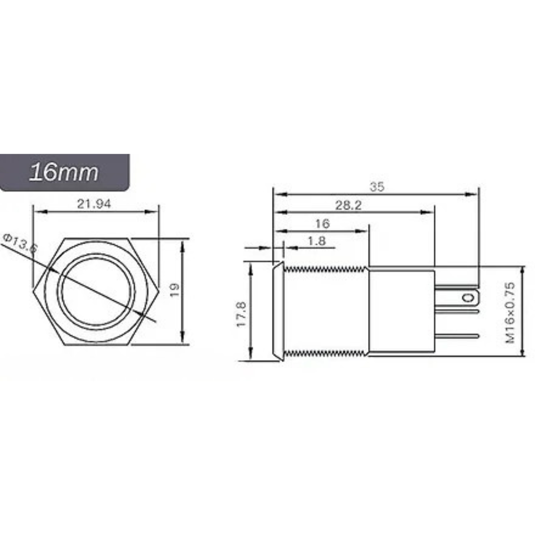 16mm Size RED Power Symbol Stainless Steel Momentary Type 5V-24V DC Push Button