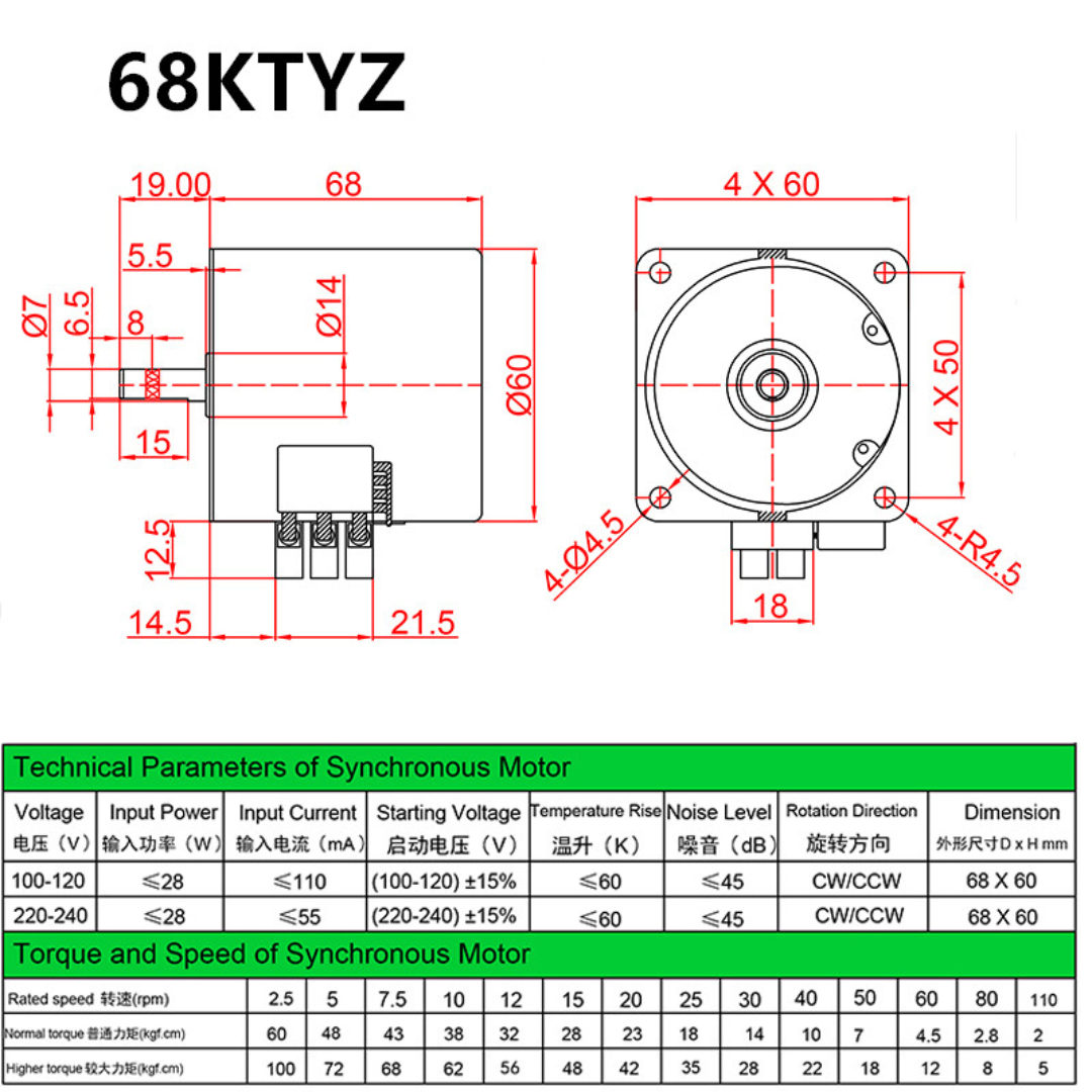 68KTYZ 220v AC Synchronous Motor Electric Motors CW/CCW 10 RPM