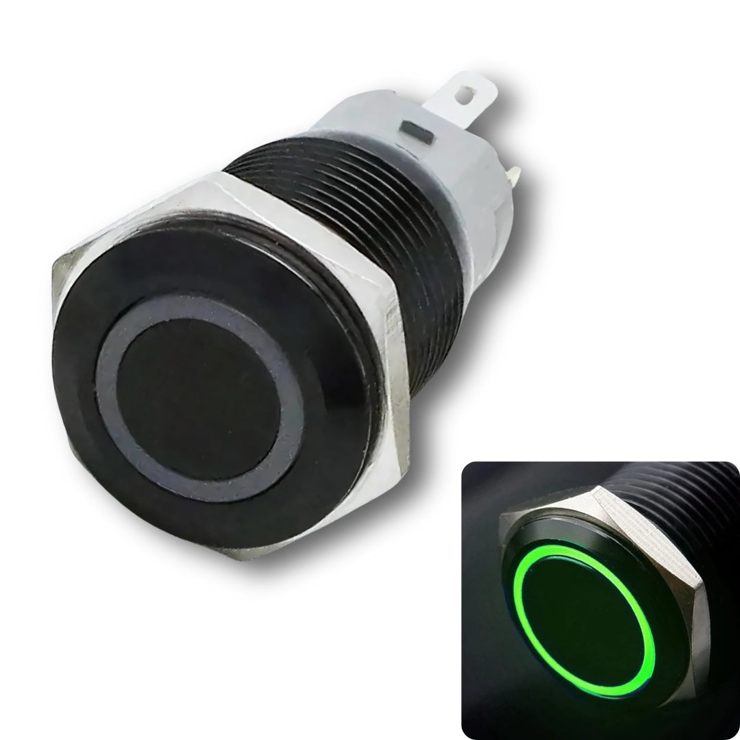 16mm pushbutton Black Body 5v-24v DC, Momentary, no nc, SPST