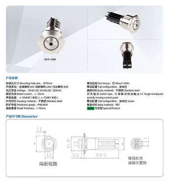 19mm Metal Stainless Steel Flash Buzzer 12V LED Light 80dB discontinuous sound.