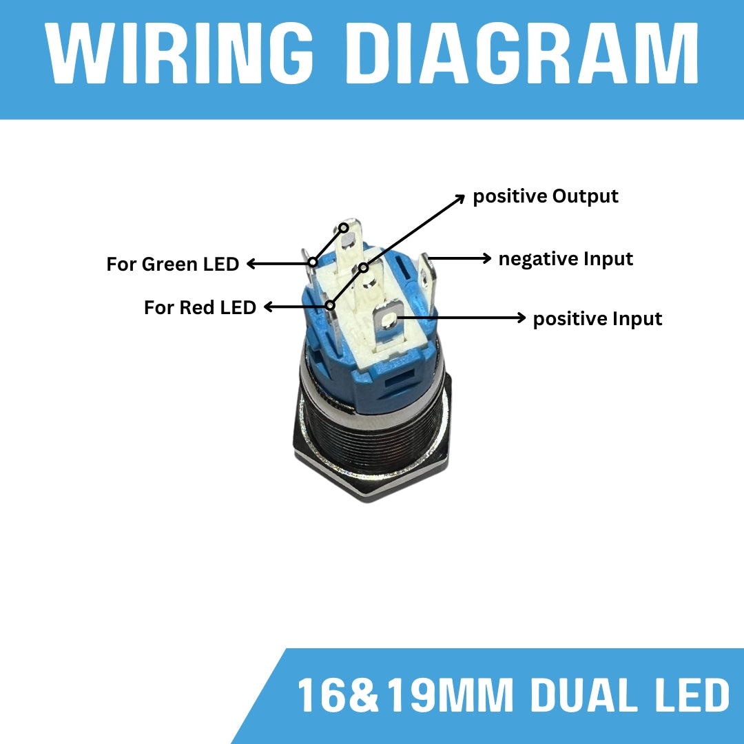 16mm, 19mm & 22mm Size 220V AC RED&GREEN Power symbol DUAL Led S.S. Latching pushbutton SPST