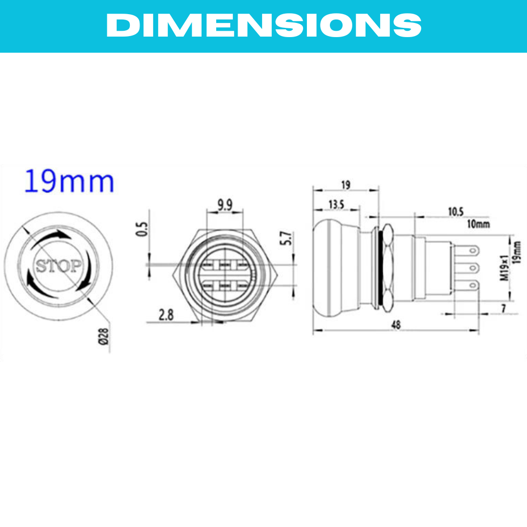 19mm Emergency STOP Latching Metal Push Button Rounded edge (3 Pin)