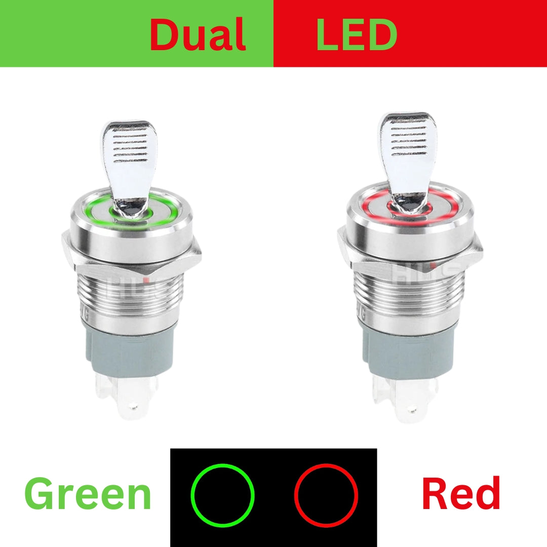 16mm Toggle switch ON/OFF 2 Position IP65 Dual Led RED & GREEN 12-24v dc