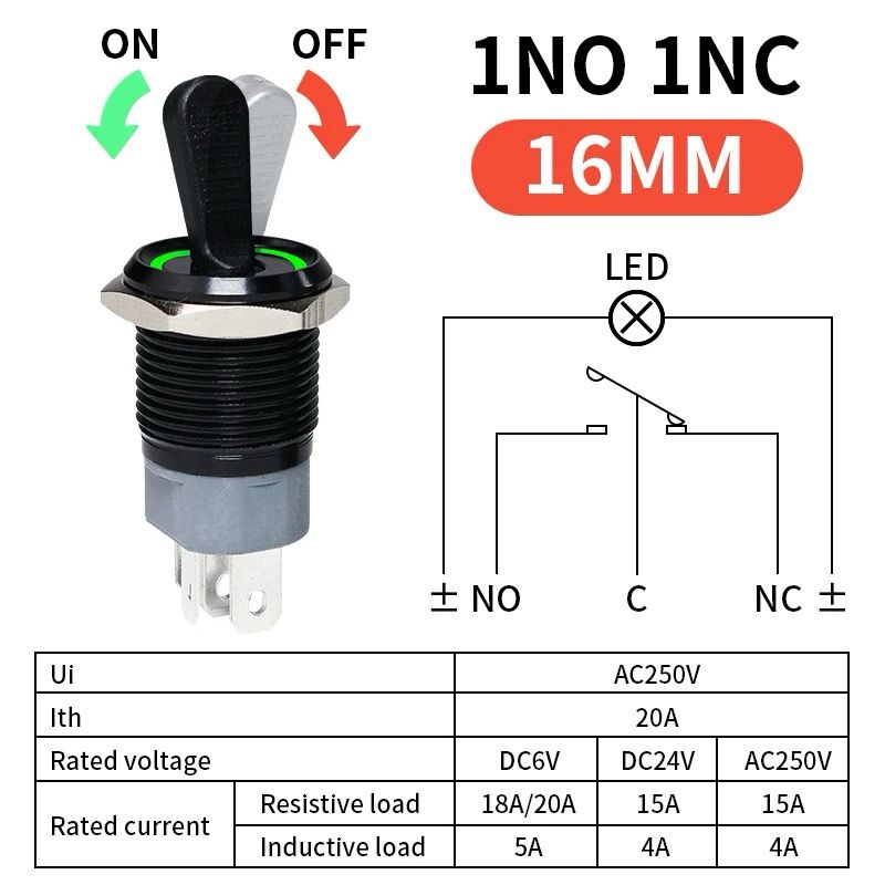 16mm Toggle switch ON/OFF 2 Position IP65 Dual Led RED & GREEN 12-24v dc