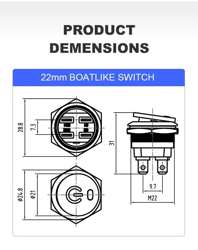 22mm Stainless steel Rocker Switch DPDT RED LED
