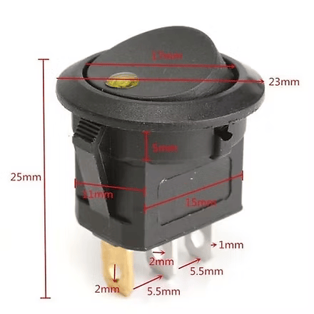 20mm Round Rocker Switches Black with RED Led Dot Light (2 Pin) 12v DC 20A