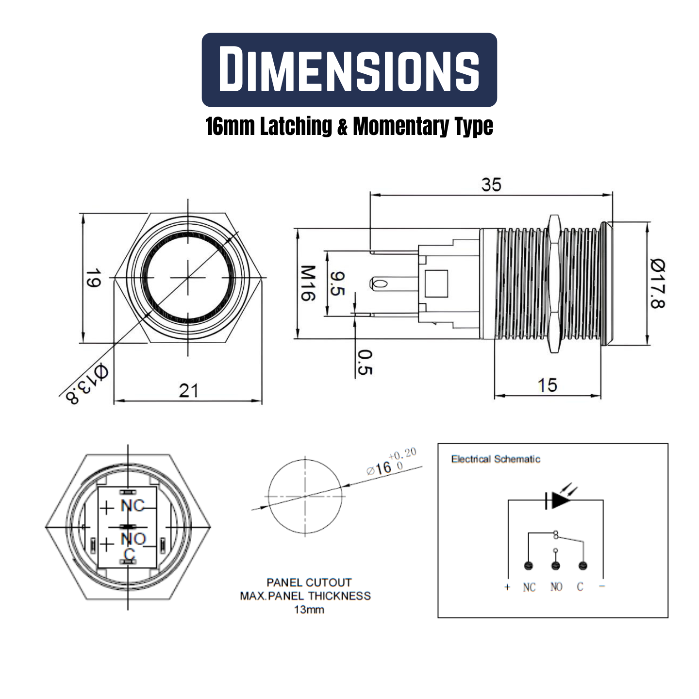 16mm Size WHITE Led Metal Momentary Type Push Button Switch 5v-24v DC