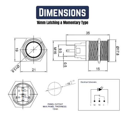 16mm Size WHITE Led Metal Momentary Type Push Button Switch 5v-24v DC