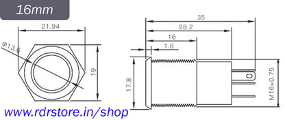 16mm Size RED Led Metal Momentary Type Push Button Switch 5V-24v DC