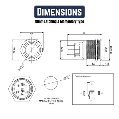 19mm Size RED Power Symbol Led S.S. Latching Type Push Button Switch 5v-24v DC