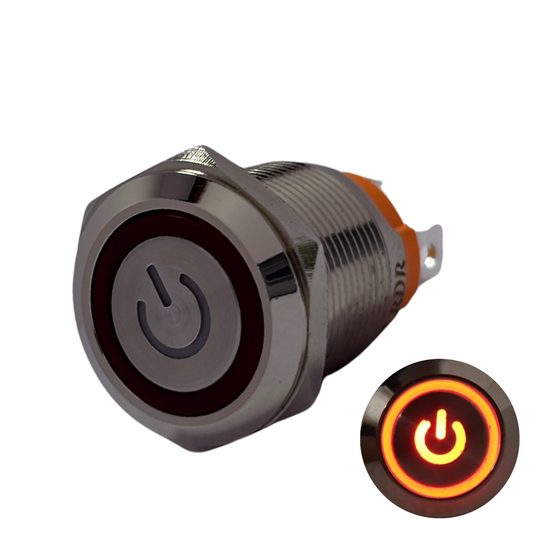 19mm Size 220v AC 16amps Metal Latching Type Red Power Symbol LED PushButton