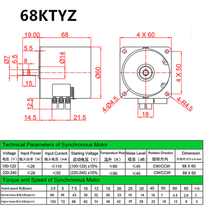 68KTYZ 220v AC Synchronous Motor Electric Motors CW/CCW 10 RPM