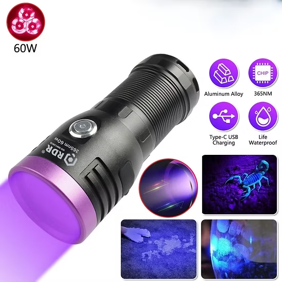 60w 365nm UV(Ultraviolet) aluminium Body Flashlight + 4 cell