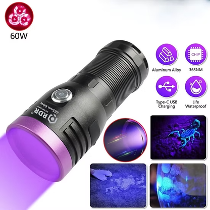 60w 365nm UV(Ultraviolet) aluminium Body Flashlight + 4 cell