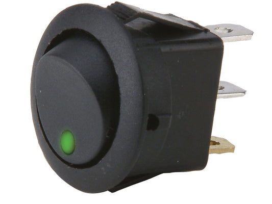 20mm Round Rocker Switches Black with GREEN Led Dot Light (2 Pin) 12v DC 20A