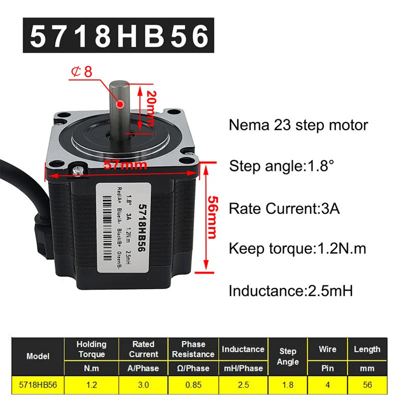 Nema 23 56mm 12Kg/cm Hybrid Stepper Motor 8mm shaft 1.8 degree 1.2Nm with TB6600