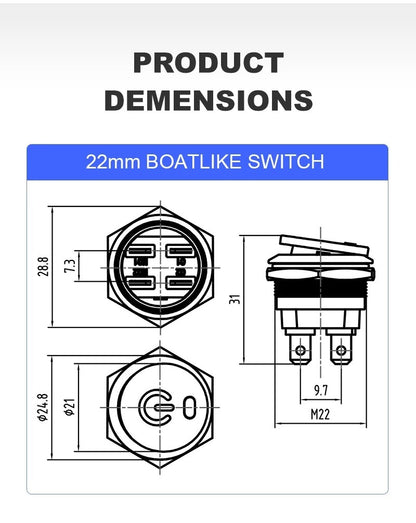22mm Stainless steel Rocker Switch DPDT RED LED