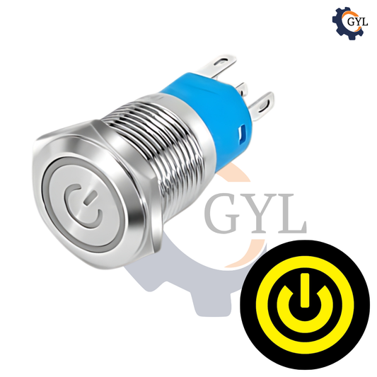 16mm Size 5-24V DC Yellow Power symbol Led S.S. Latching Type Pushbutton