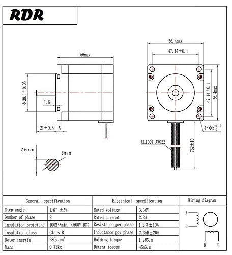 Nema 23 56mm 12Kg/cm Hybrid Stepper Motor 8mm shaft 1.8 degree 1.2Nm