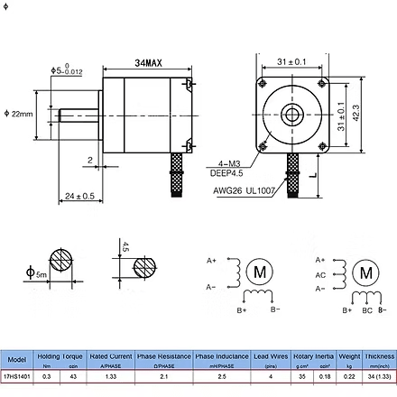 Nema 17 34mm 4.2 kg/cm Hybrid Stepper Motor 1.8 degree Detchable Cable
