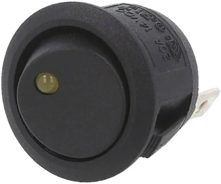 20mm Round Rocker Switches Black with YELLOW Led Dot Light (2 Pin) 12v DC 20A